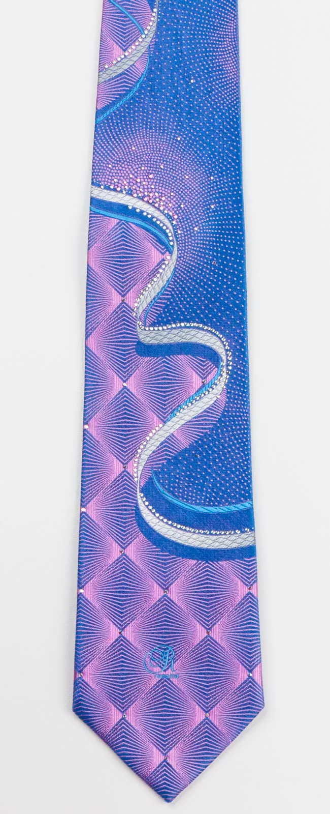 Renoma Rhinestone Tie Geometric Chequer Waves & Dots On Blue