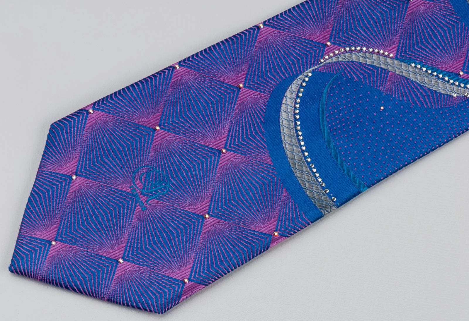 Renoma Rhinestone Tie Geometric Chequer Waves & Dots On Blue